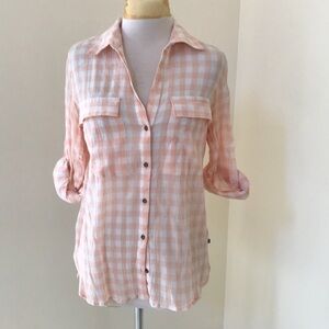 William Rast small peach combo checked front button top.